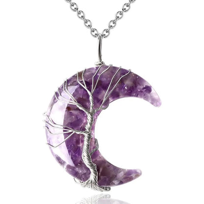Tree of Life Necklace Wire Wrapped Crescent Moon Stone Pendant Necklaces 7 Chakra Healing Crystal Necklace For Stress Reduction