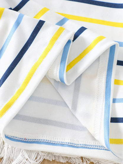 Baby Boy Striped Short-Sleeved T-Shirt + Bear Denim Overalls Shorts