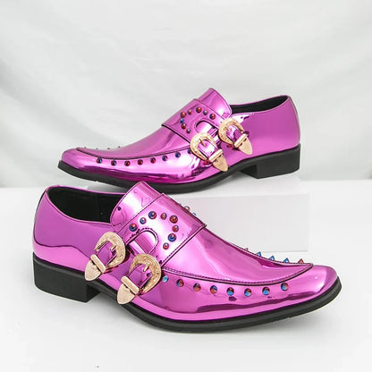 New Gold Men Dress Shoes Rivet Breathable Square Toe Double Buckle