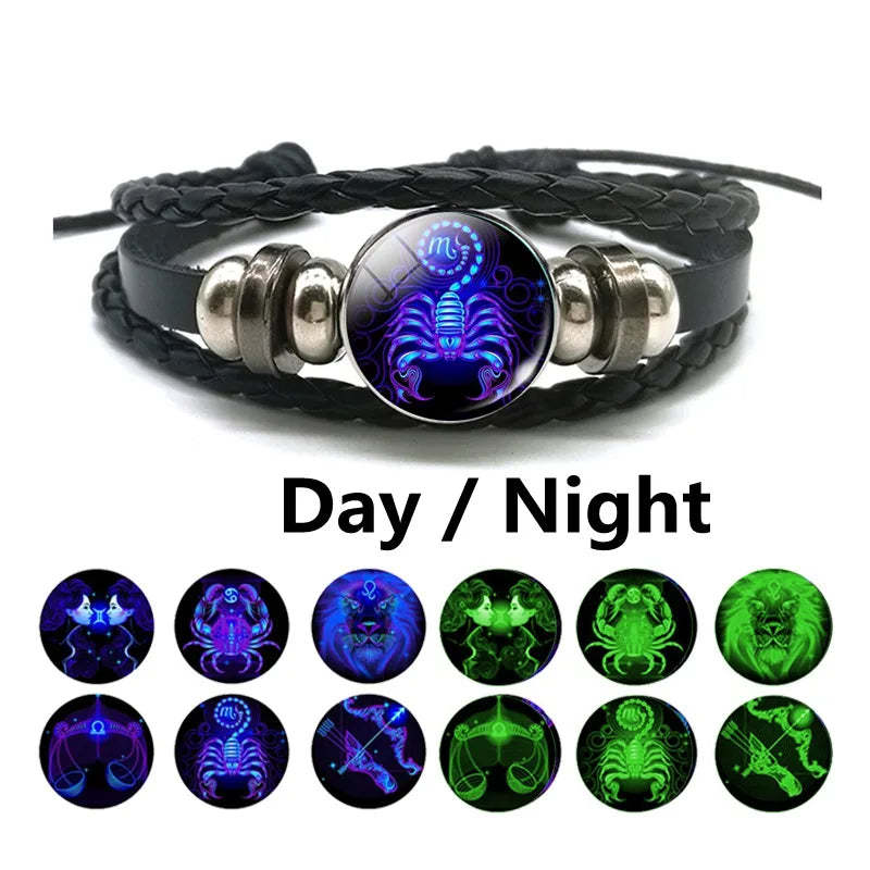 New Men 12 Constellation Black Braided Leather Bracelet Punk Style Zodiac Sign Multilayer Weave Wrap Bracelet For Birthday Gifts