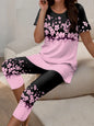 Plus Size 2 Piece Ombre Gradient Floral Loungewear Set Round Neck Short Sleeve Long Tunic Top High Waist Floral Panel Capri Legg