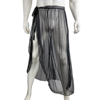 CLEVER-MENMODE Sexy Mesh Sleep Bottoms Men Pajamas See Through Long Sleepwear  Side Spilt Nightdress Transparent Culottes
