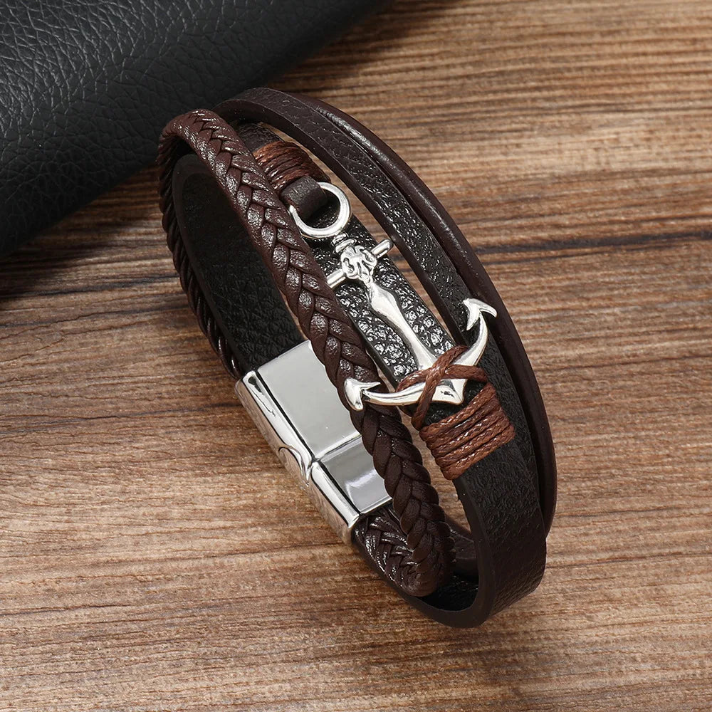 Leather Bracelet For Men Alloy Anchor Leather Bracelet Simple Style, Multi-layer Hand-made Leather Men's Magnet Buckle