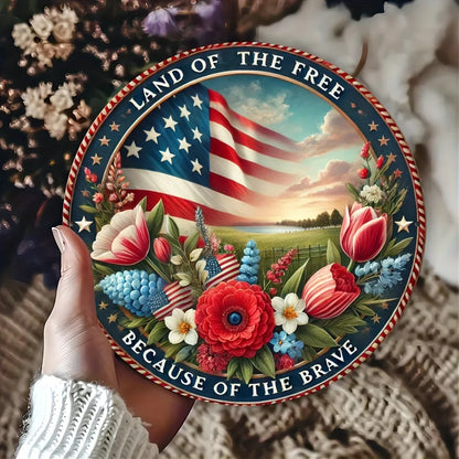 Patriotic Aluminum Foil Engraved Sign - Freedom Land Metal Wreath Door Decor, Round Plaque for Home Decor