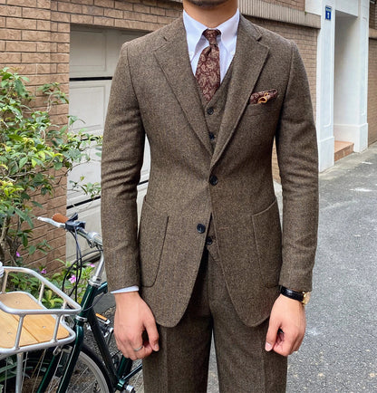 3 Pieces Men's Suits Tweed Herringbone Slim Fit Business Cauasl