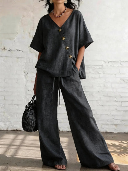 Casual Cotton Loose Pants Sets Women Summer Fashion Short Sleeve