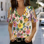 Women Floral Print Cold Shoulder Blouse V Neck Short Sleeve Casual Summer Tops