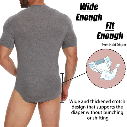 Mens Round Neck Bodysuit Short Sleeve Jumpsuit Press Crotch Underwear Adult Leotard for Shapewear Compression Romper Undershirt