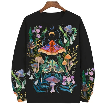 3D Printed Colorful Mushroom Hoodie For Men Women Mysterious Moth Graphic Sweatshirts Fashion Long Sleeves O-Neck Loose Hoodies