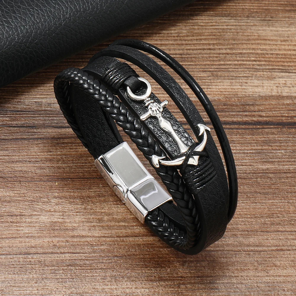 Leather Bracelet For Men Alloy Anchor Leather Bracelet Simple Style, Multi-layer Hand-made Leather Men's Magnet Buckle