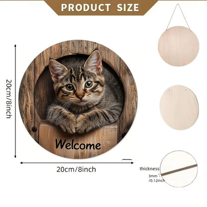 2D Graphic 2D Printed Wall Art - Cat Welcome Signs for Street, Courtyard, Shopping Center, Garage, Cafe, Family, Bar, Club, Kitchen, Restaurant, Laundry Room, Men's Cave, Gym, Bedroom, Farm, Farmhouse, Handmade Round Wood Dec