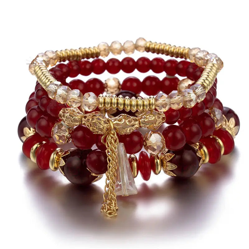 4Pcs Bohemian Women Pink Tassel Bracelet Set For Female I Love You Feather Round Charm Beads Chain Bangle Fashion Party Jewelry