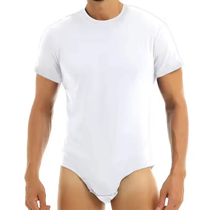 Mens Round Neck Bodysuit Short Sleeve Jumpsuit Press Crotch Underwear Adult Leotard for Shapewear Compression Romper Undershirt