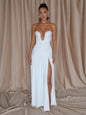 Chaxiaoa Strapless Deep V Neck Ruched Maxi Dresses for Women 2026 Elegant High Split Bodycon Party Evening Dress White Coffee