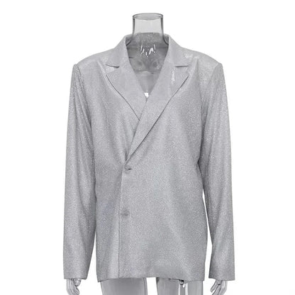 2023 New Glitter Silver Party Two Piece Pants Set Women Club Night Outfits Fashion Sparkly Blazer Matching Sets Femme Tracksuit
