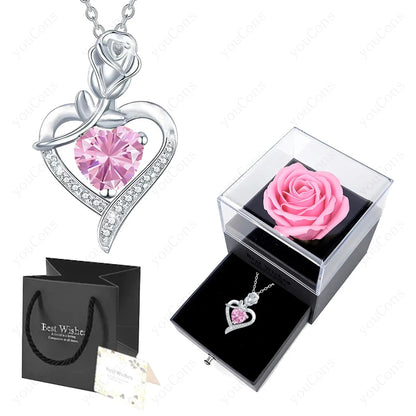 Luxury Red Zircon Heart Necklace With Rose Flower Gift Box For Girlfriend Birthday Valentine Gift  Romantic Accessories