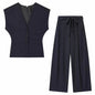 Women Fashion 2-Piece Set Single-breasted Sleeveless V-Neck Pinstripe Vest+Summer Pleated Loose Pocket Belt Zipper Pants