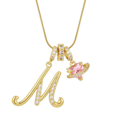 Fashion Letter Necklace for Women Pink Zircon Heart-shaped Pendant Suitable for Girls to Wear Personalized Gold-plated Jewelry