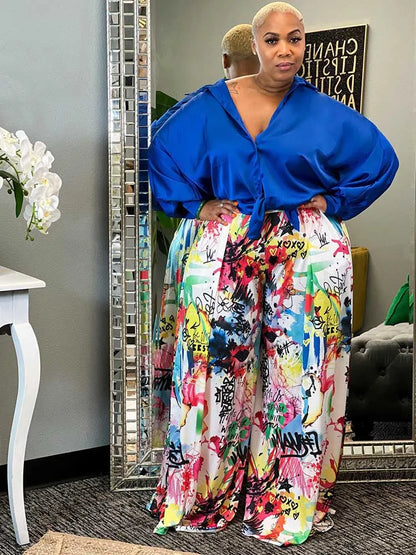 2piece Woman Outfit Streetwear Blue Silk Blouses Women Plus Size