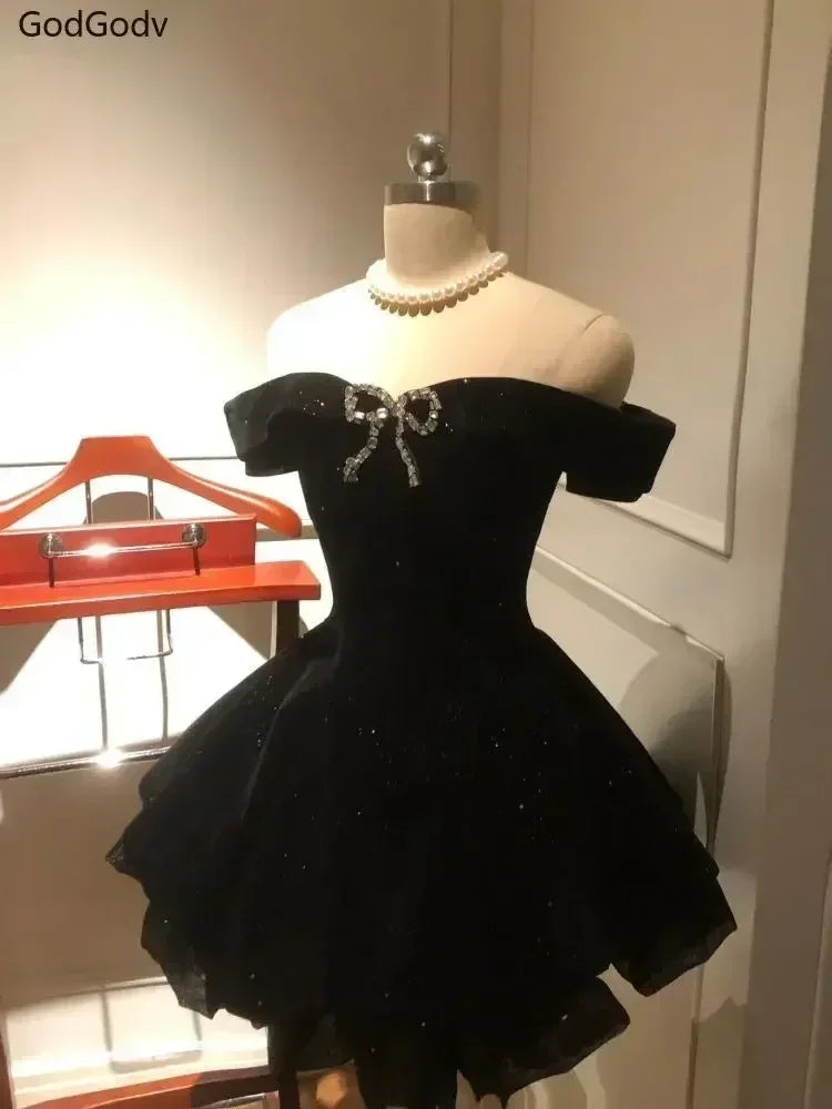 Black French Vintage Elegant Design Woman Dress Gothic Off Shoulder Retro Mini Dress Female Fairy Birthday Party Chic Outfits