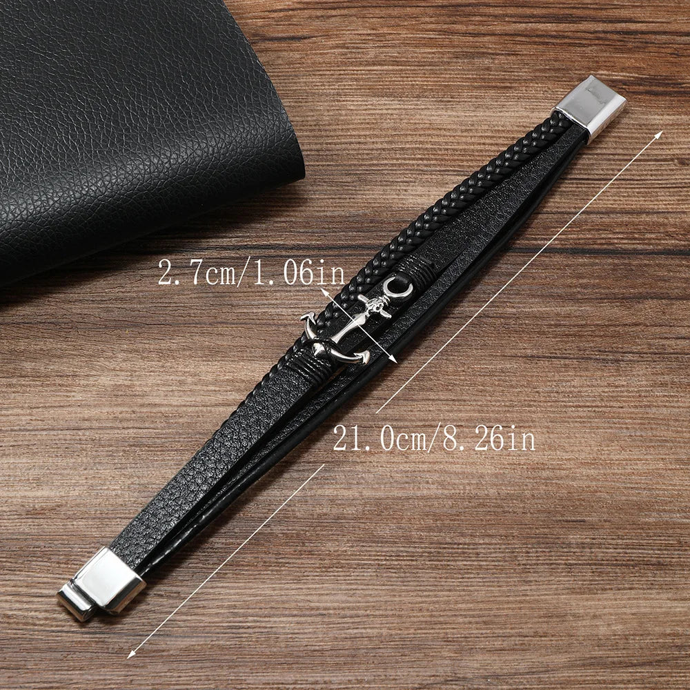Leather Bracelet For Men Alloy Anchor Leather Bracelet Simple Style, Multi-layer Hand-made Leather Men's Magnet Buckle