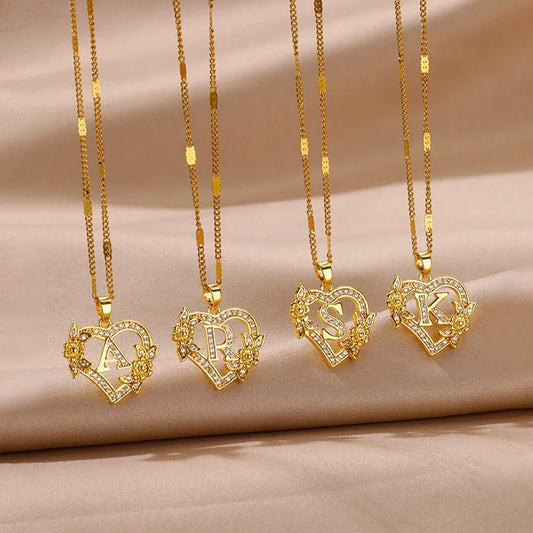 Heart Initial Letter Necklaces For Women Gold Color Stainless Steel Chain A-Z Alphabet Pendant Necklace Birthday Jewelry Gift
