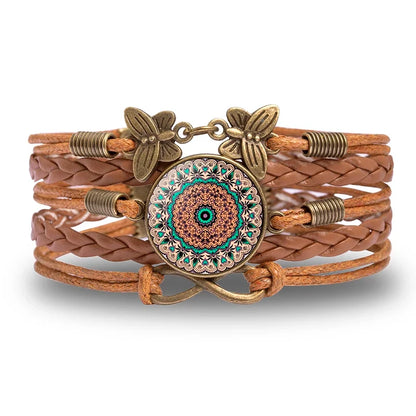 Vintage Mandala Flower Glass Dome Wrap Bracelet Brown Multilayer Woven Leather Bracelets For Women