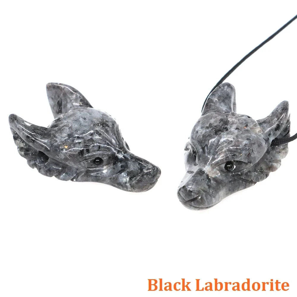 1.5" Wolf Head Stone Pendant Natural Healing Crystals Hand Carved Wolves Animal Statue Figurine Gems for Jewelry Making Necklace