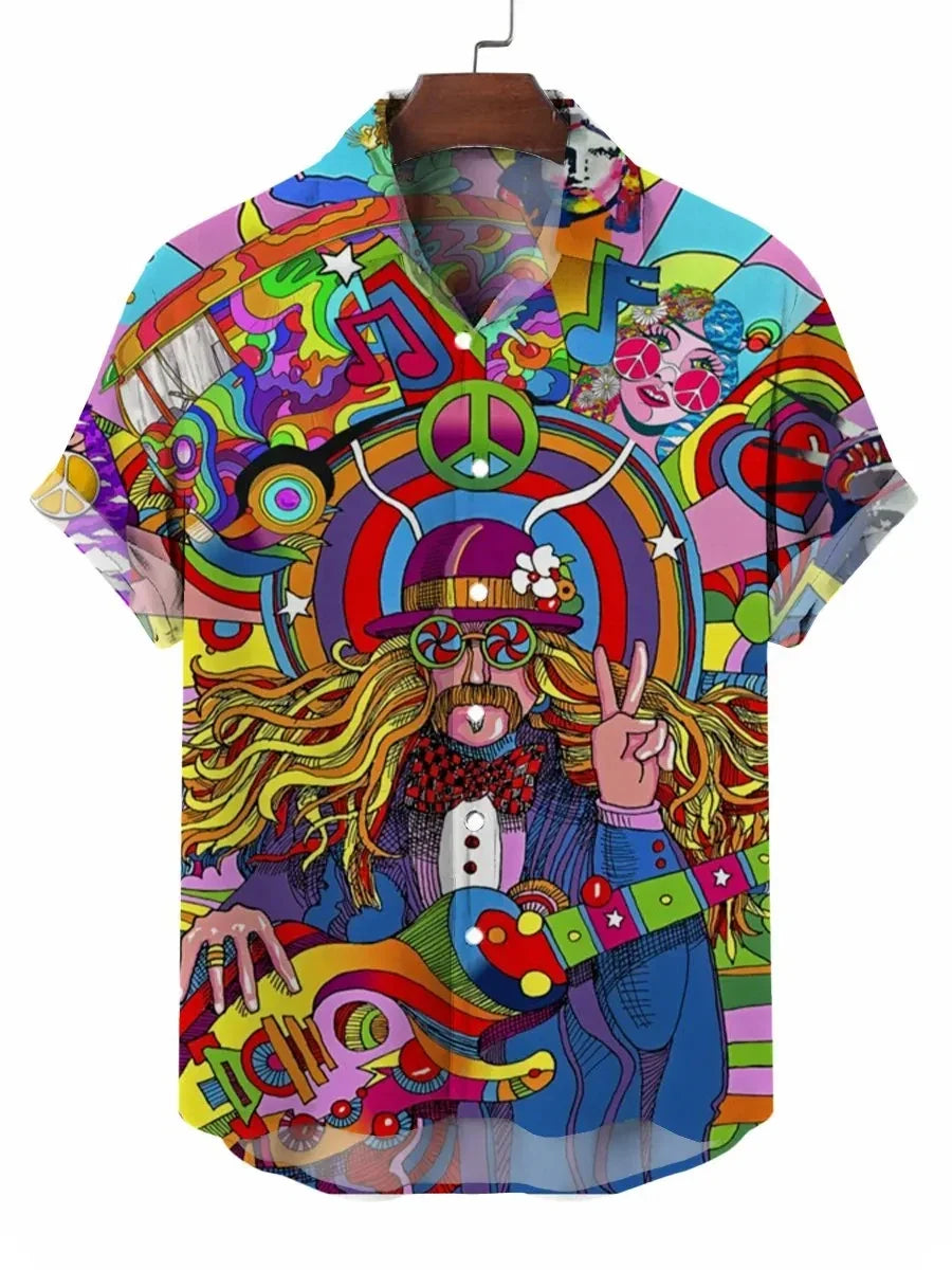Men's street fashion summer daily shirt men's lapel Hawaiian bear gummie print casual loose shirt short sleeved beach loose top
