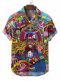 Men's street fashion summer daily shirt men's lapel Hawaiian bear gummie print casual loose shirt short sleeved beach loose top