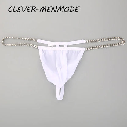 Men's Sexy Ultra Thin Low Rise High Slit Thong Metal Chain Low Rise G String Briefs Exotic Mini Micro Panties 18+ Adult Lingerie
