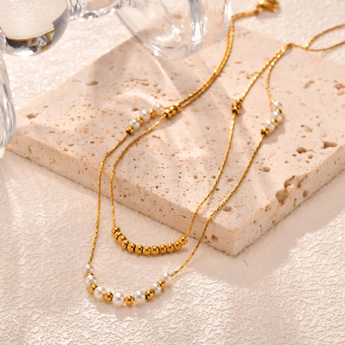 Trend Elegant Imitation Pearl Bead Double Layer Stacking Necklace for Women Stainless Steel Hammer Chain Necklace Jewelry Gift