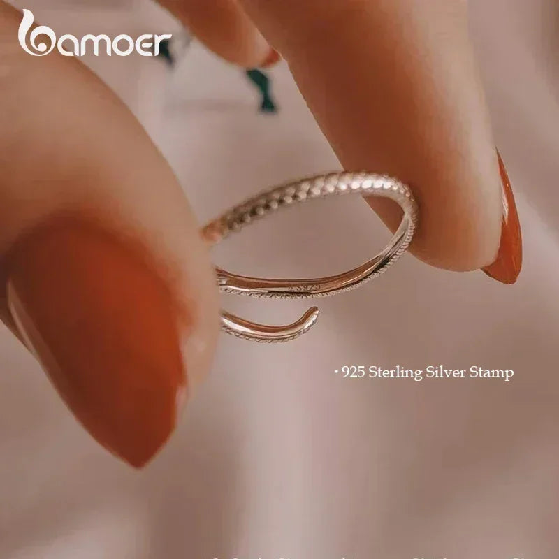 BAMOER 925 Sterling Silver Platinum Plated Adjustable Ring, Green Zircon Retro Textures Snake Ring Fashion Jewelry 4 Colors