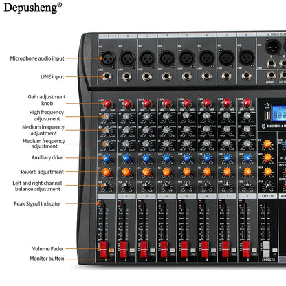 Audio Mixer 6/8/12 Channels Professional DJ Mixer LR Microphone/line