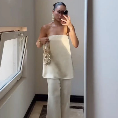 HXAO Satin Pant Sets Women's Two Pieces Set Strapless Off Shoulder Tube Vest 2 Piece Sets Woman Outfit High Waist Trousers Sets