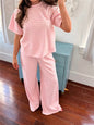 Women Y2K Striped Two Piece Outfit Summer Basic Short Sleeve Crew Neck Top and Wide Leg Pants Set Casual Loungewear Homewear