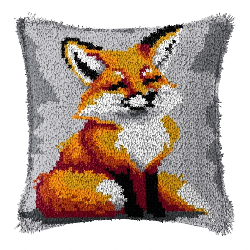 Cunning Fox Smyrna Buttons Package Latch Hook Pillow Kit Bunny Embroidery Design Plush Animal Canvas Craft for Home Decor Gifts