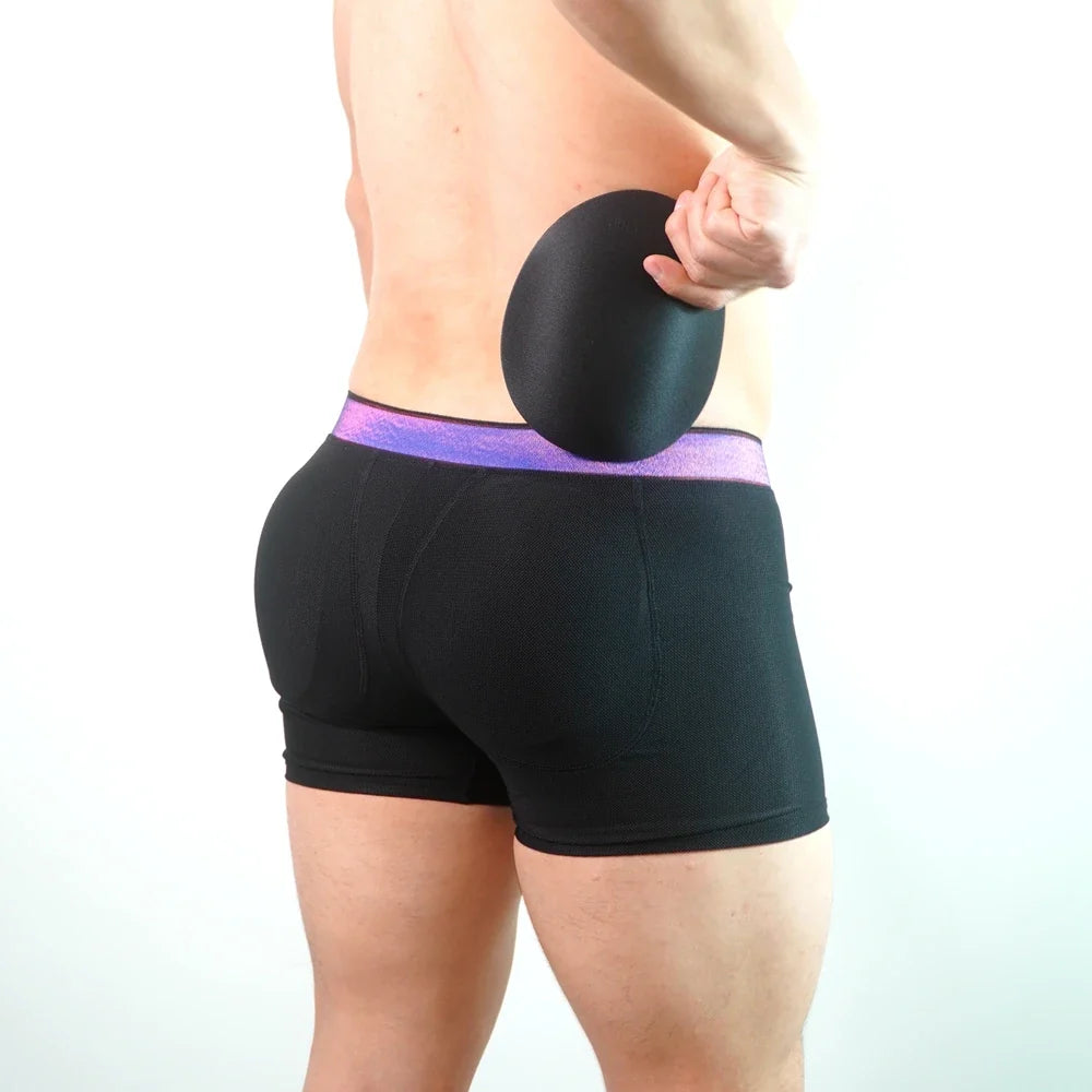 Men's Underwear Padded Buttocks Boxer Trunk with Butt Pads, Breathable Mesh, Long Boxer Shorts, Elastic and Comfortable