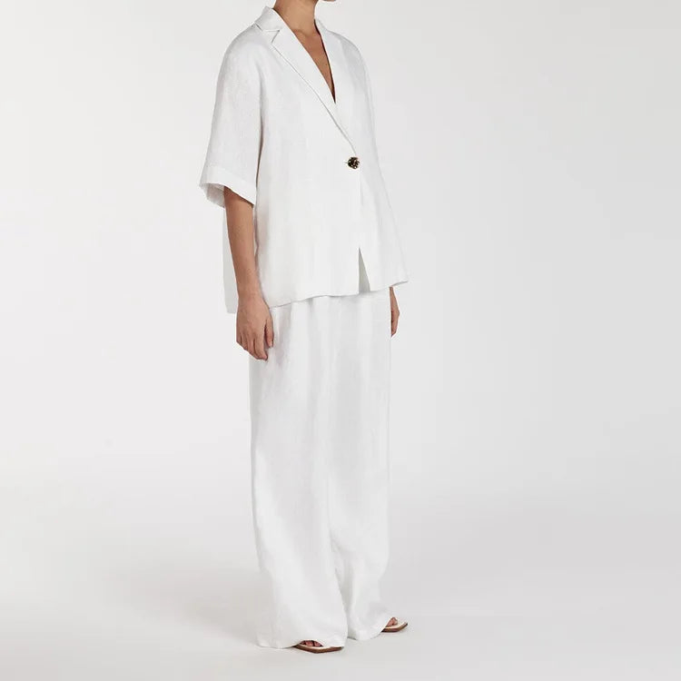 New Cotton Turn-Down Collar Half-Sleeve Top Wide-Leg Pants Two-Piece