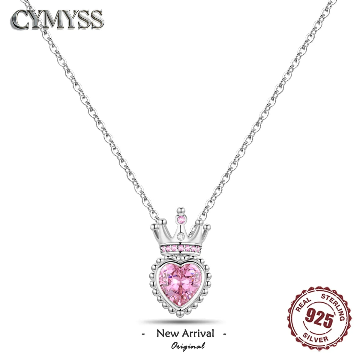 Romantic Pink Crown Heart Pendant Necklace Genuine 925 Sterling Silver Elegant Fine Jewelry for Women Wedding Holiday Presents