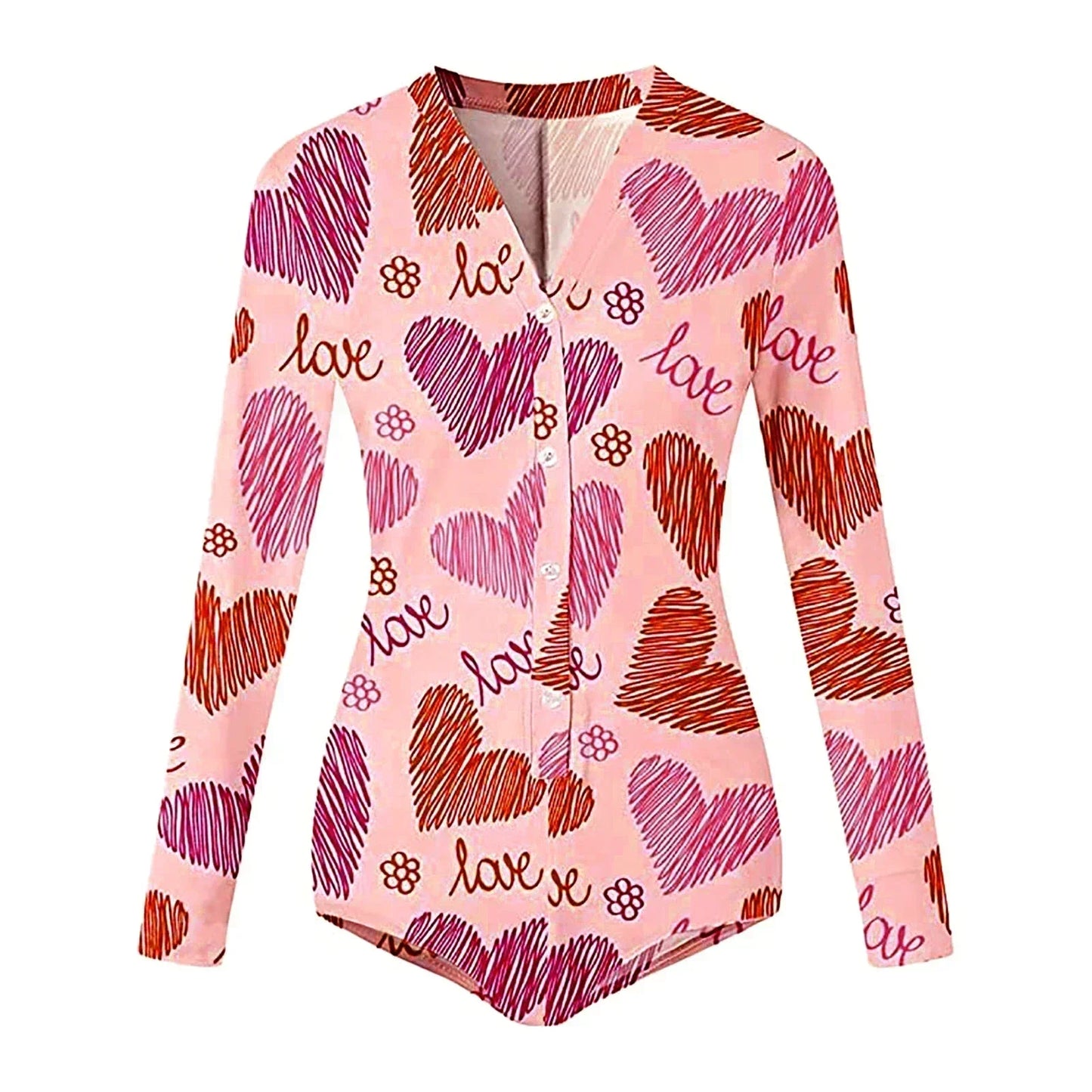 Women’s Long Sleeve Valentine Day Jumpsuit Bodycon V Neck Heart Lip Print Button Down Short Romper Indoor Sleepwear