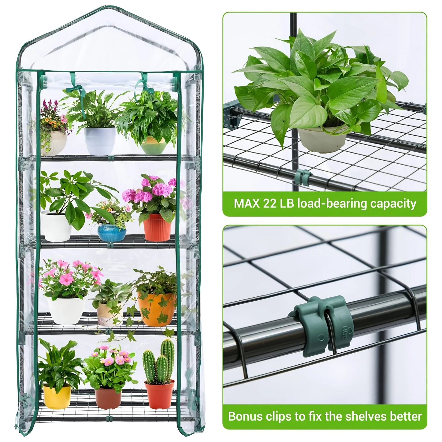 4 Tier Mini Greenhouse, Portable Greenhouse with Rust-Resistant Frame and PVC Cover for Winter Garden Patio Backyard Porch
