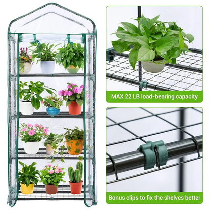 4 Tier Mini Greenhouse, Portable Greenhouse with Rust-Resistant Frame and PVC Cover for Winter Garden Patio Backyard Porch