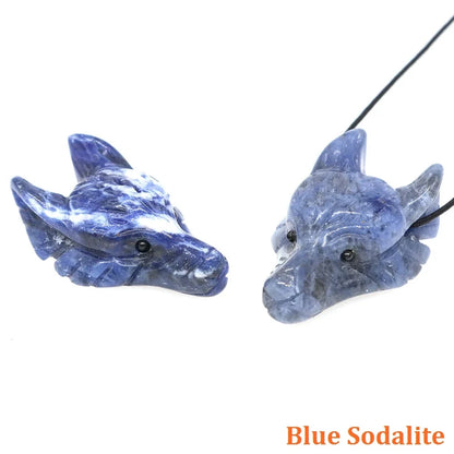 1.5" Wolf Head Stone Pendant Natural Healing Crystals Hand Carved Wolves Animal Statue Figurine Gems for Jewelry Making Necklace