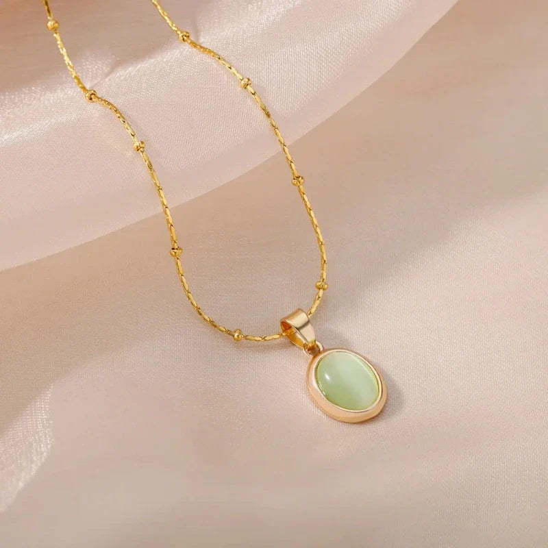 Fashion Stone Opal Oval Necklace For Women Stainless Steel Gold Color Oval Stone Pendant Necklace Wedding Aesthetic Jewelry Gift