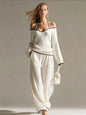 Women Sexy Off-shoulder Long-sleeved T-shirt Trousers 2piece Set Fashion Loose Elegant Color-blocked Pocket Trousers Female Suit