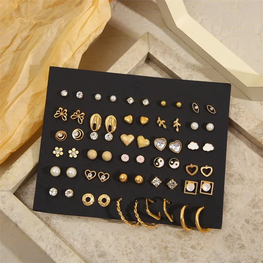 Vintage Gold Color Stud Earrings Set Butterfly Heart Flower Yinyang Diamond Pearl Ear Studs For Women Simple Jewelry 2024 Trendy