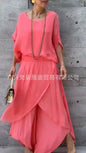 2025 Summer Fashion Women's Solid Color Casual Trendy Loose 2 Piece Chiffon Sets O-neck Short Sleeve T-shirts Wide Leg Trousers