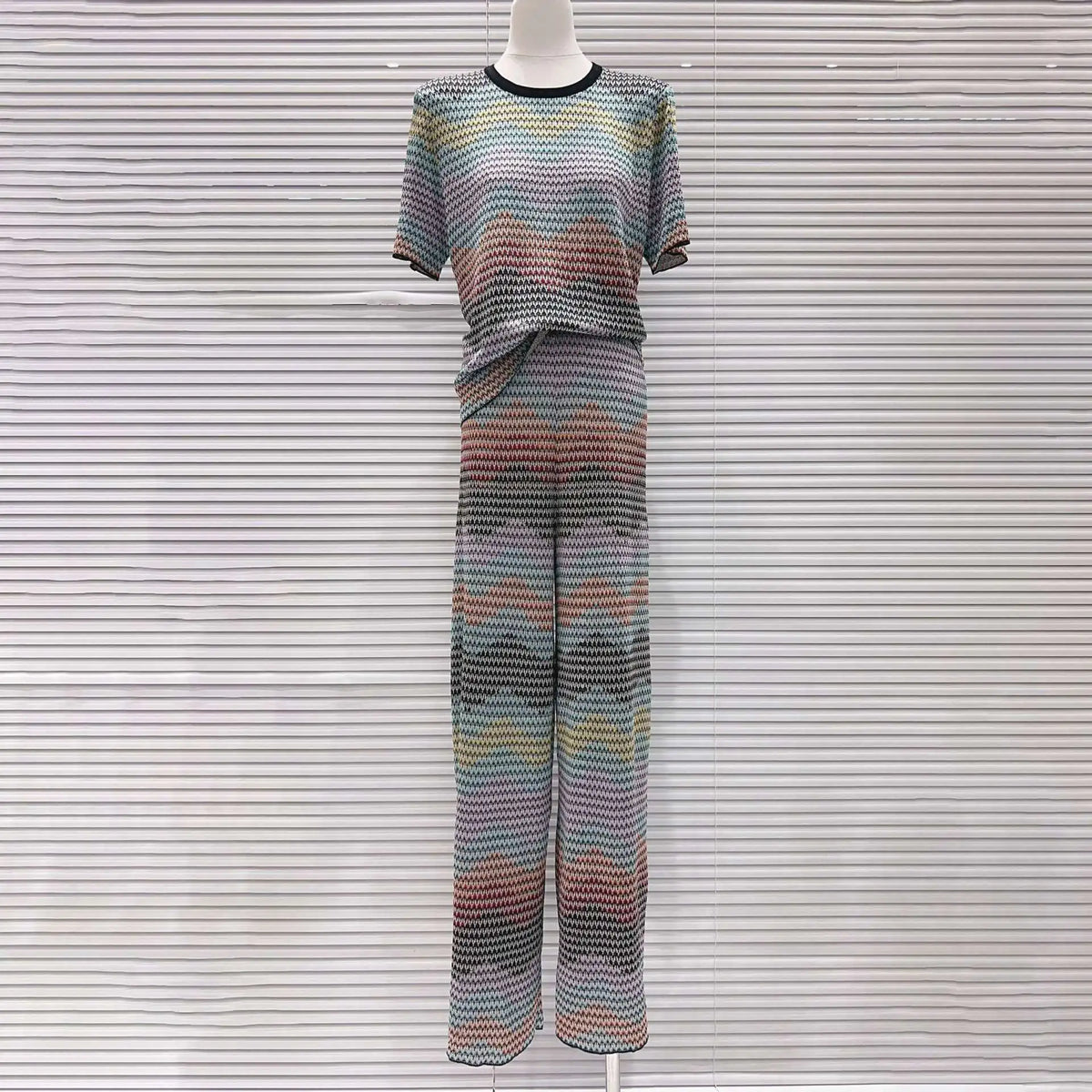 CHUJIE 2026 Summer New, Stylish And Versatile, Round Neck Colorful Contrast Striped, Short-sleeve Knitted Top + Trousers Set