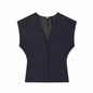 Women Fashion 2-Piece Set Single-breasted Sleeveless V-Neck Pinstripe Vest+Summer Pleated Loose Pocket Belt Zipper Pants